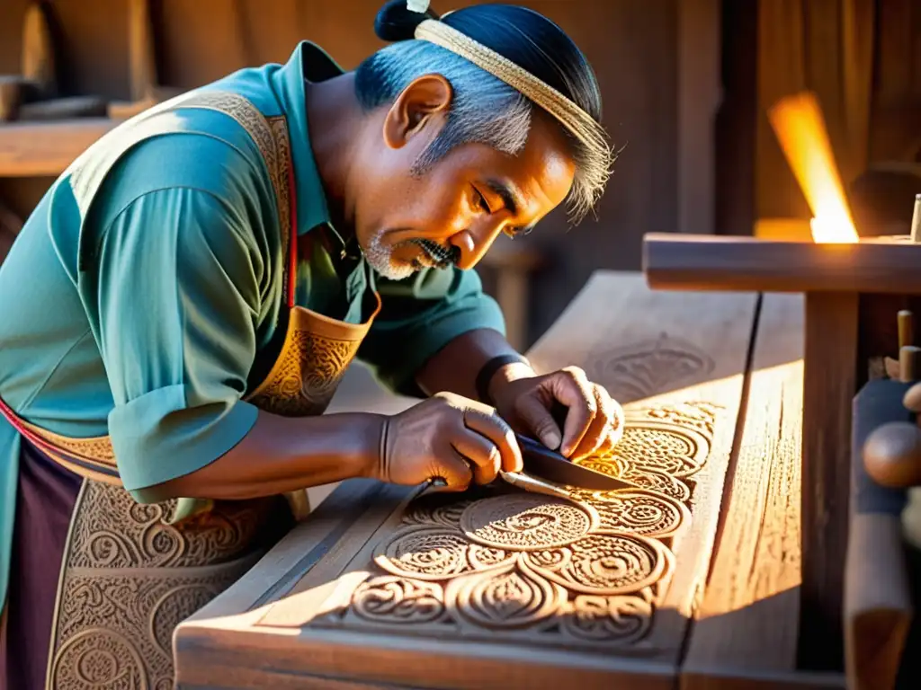 Artesano tallando madera al atardecer, muestra técnicas de impresión artística en realidad virtual con herramientas ancestrales en un taller rústico