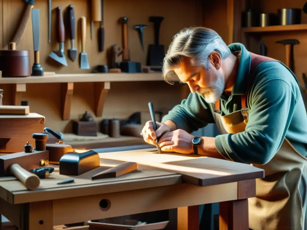 Artesano tallando madera en un taller vintage Un artesano tallando madera en un banco de trabajo vintage, rodeado de herramientas y materiales, con luz natural creando cálidas sombras