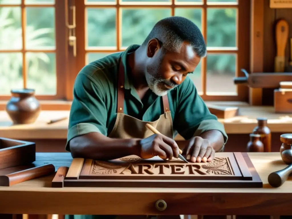 Artesano tallando madera de caoba con herramientas tradicionales, rodeado de manuales de artesanía