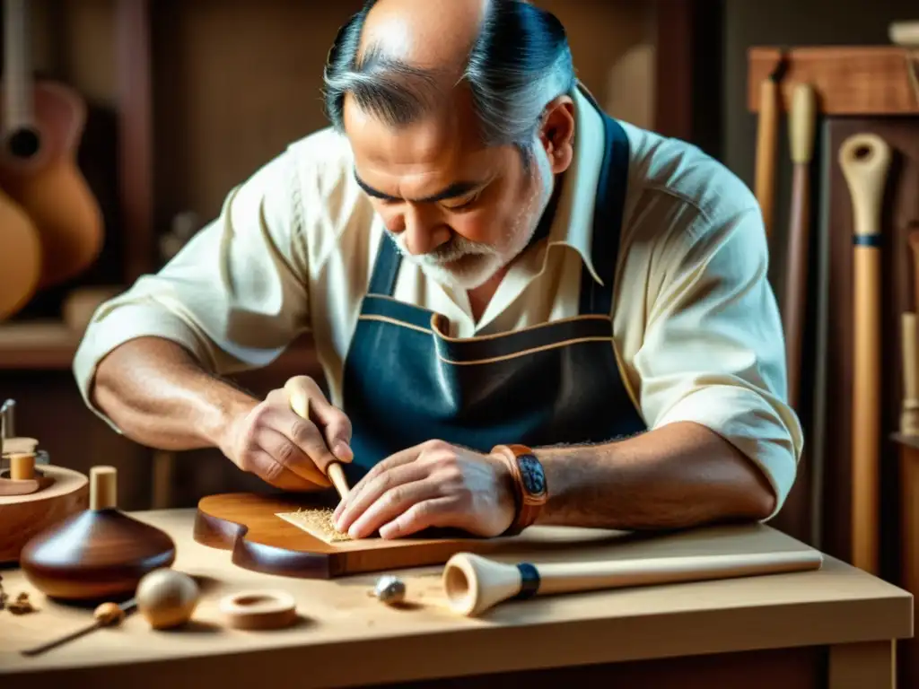 Artesano tallando madera para la construcción de instrumentos musicales tradicionales, rodeado de herramientas antiguas y virutas de madera