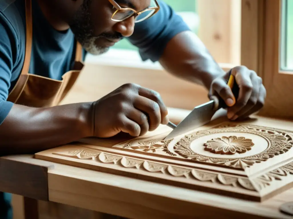 Un artesano hábil talla detalladamente madera con una herramienta vintage, evocando nostalgia y destreza artesanal