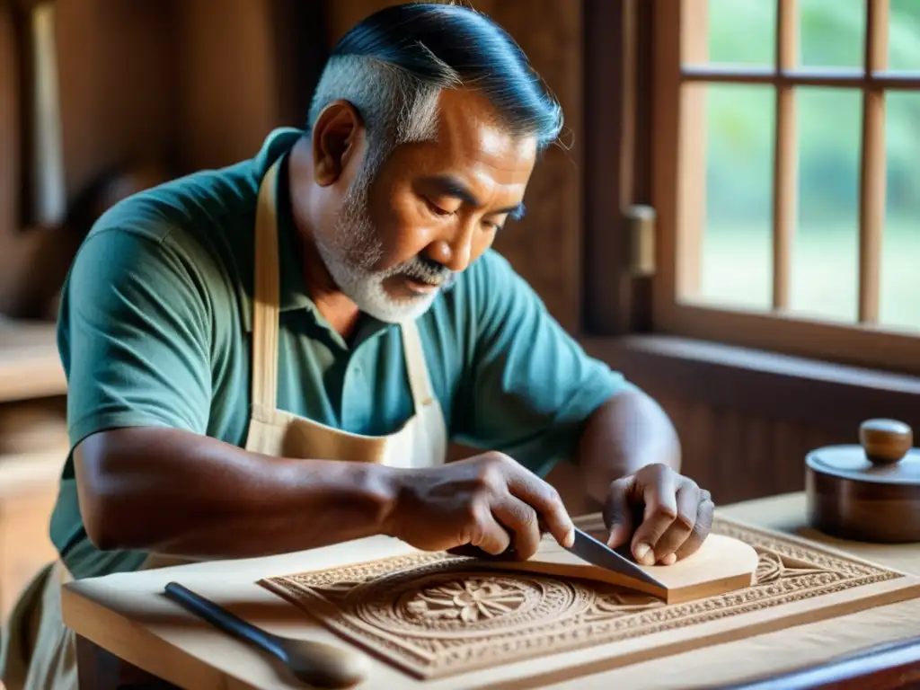 Artesano tallando madera con herramientas tradicionales, luz suave ilumina escena