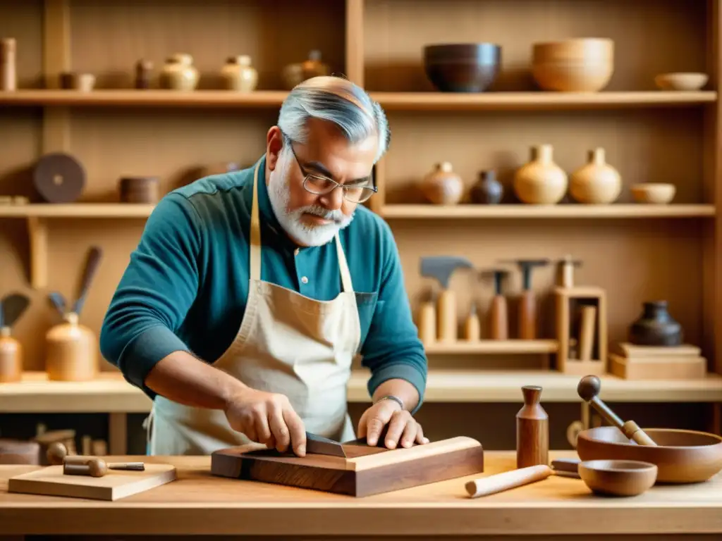 Artesano tallando madera con herramientas tradicionales en un entorno artesanal, destacando la enseñanza de artesanía digital efectiva