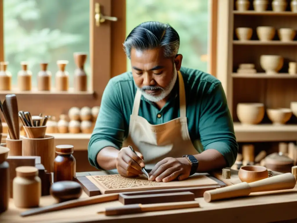 Un artesano tallando madera con herramientas tradicionales, rodeado de creaciones artesanales y suministros vintage, bañado por cálida luz natural