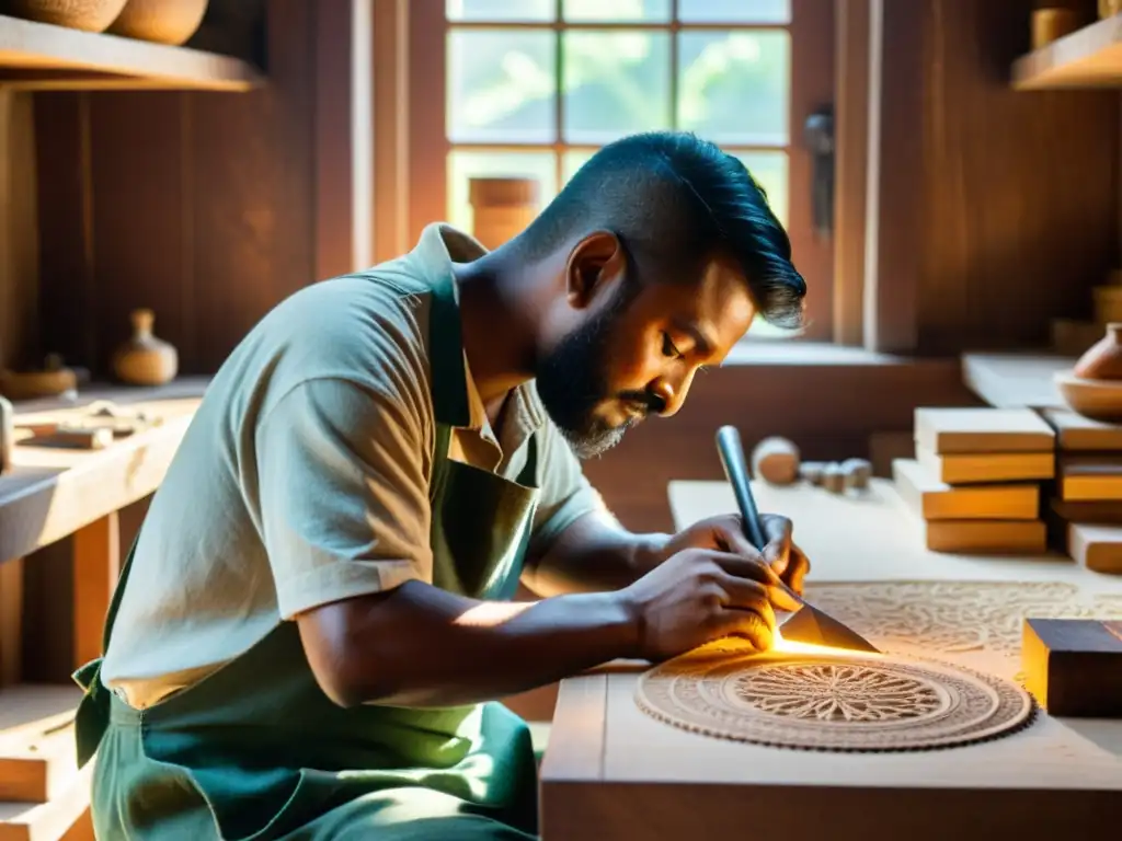 Artesano tallando madera con herramientas tradicionales en un taller iluminado por cálidos rayos de sol