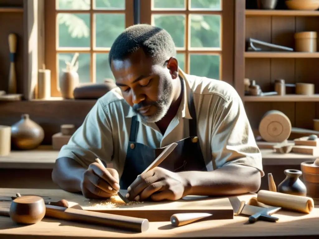 Un artesano tallando madera con herramientas tradicionales, rodeado de utensilios y luz natural