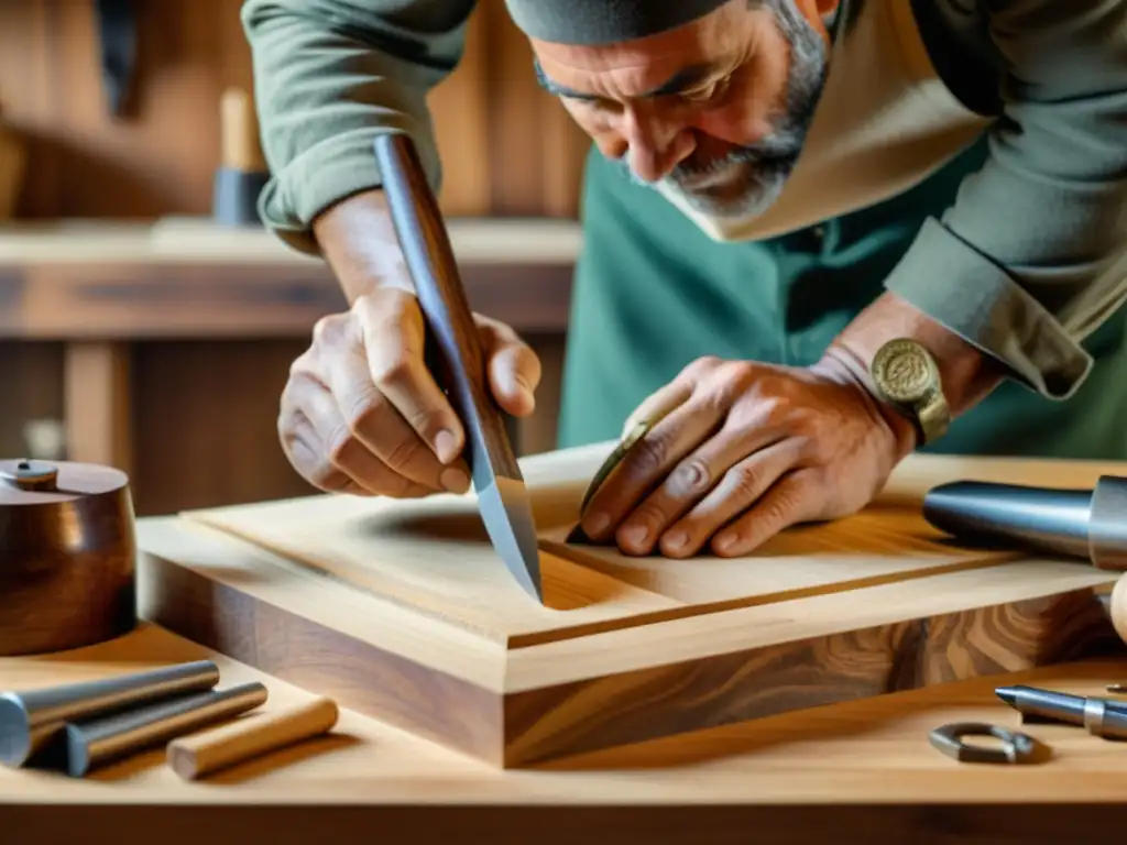 Un artesano tallando madera con herramientas vintage en un taller rústico iluminado por luz natural, evocando artesanía sostenible