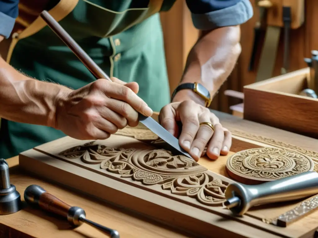 Artesano tallando madera con detalle y dedicación Artesano tallando madera con herramientas vintage, en una escena cálida y detallada, perfecta para impresión 3D para artesanía personalizada