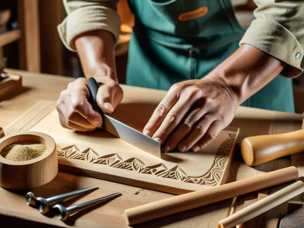 Un artesano tallando madera con herramientas vintage en una atmósfera nostálgica, evocando técnicas de artesanía digital para vender