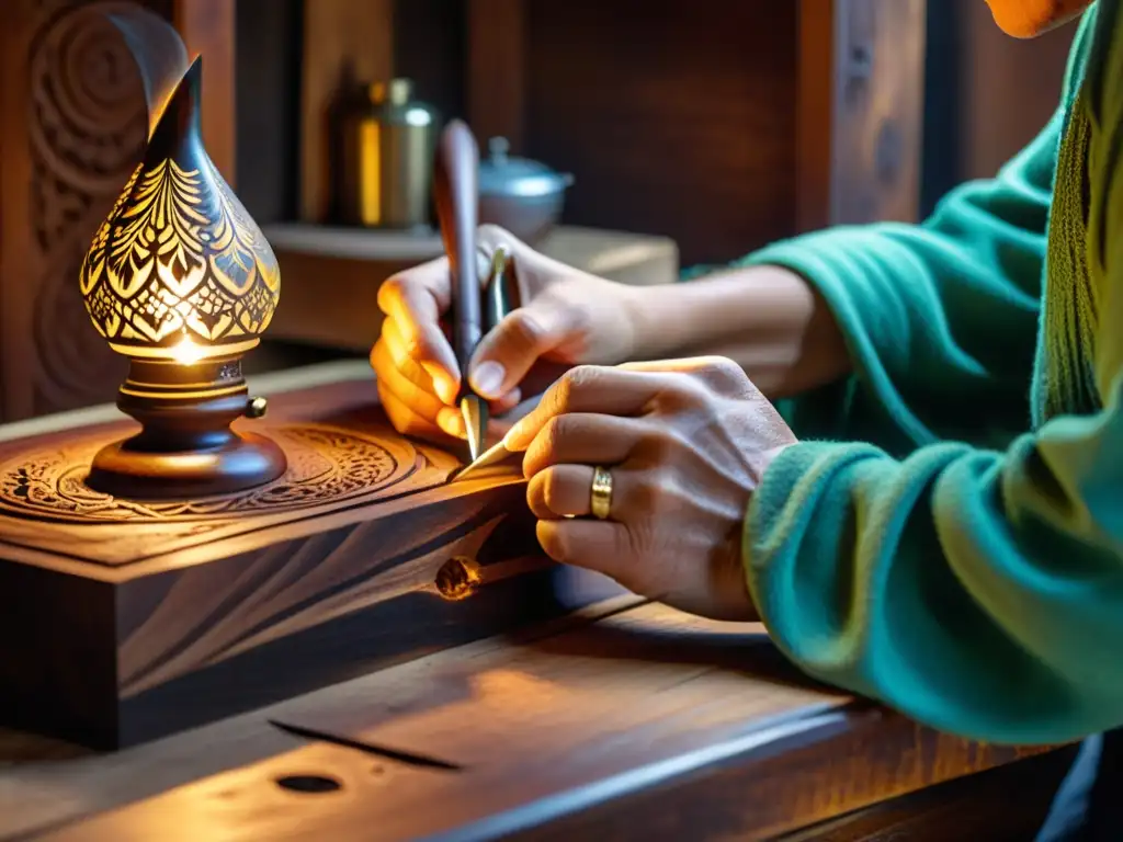 Un artesano tallando madera a la luz de una lámpara de aceite en un taller tradicional