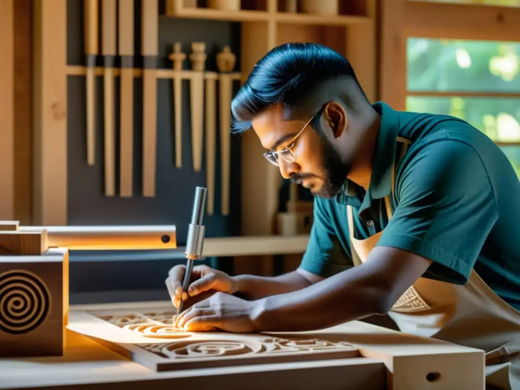 Un artesano tallando madera a mano mientras una impresora 3D crea una escultura moderna