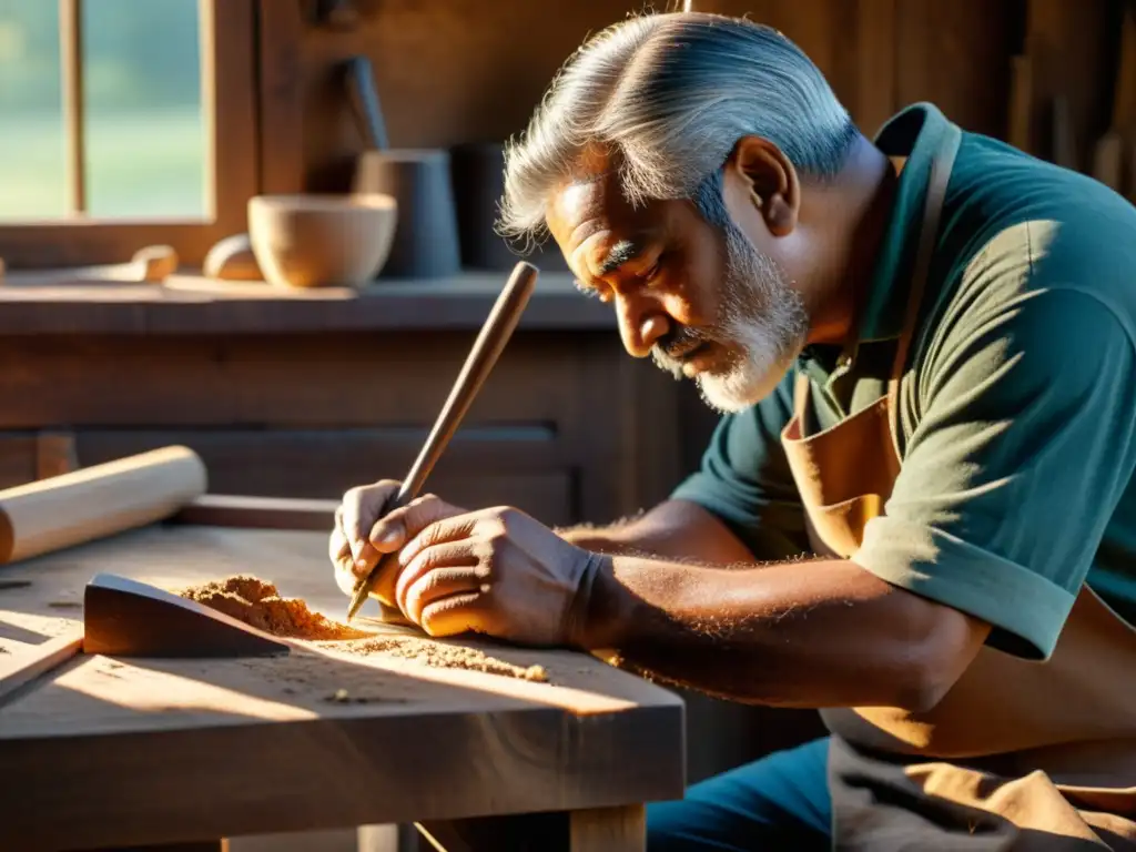 Un artesano tallando madera a mano, resaltando la fusión entre tradición y tecnología para preservar artesanía tradicional