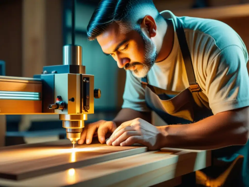 Un artesano hábil talla madera con tecnología CNC en un taller cálido y acogedor, fusionando la artesanía tradicional con la innovación