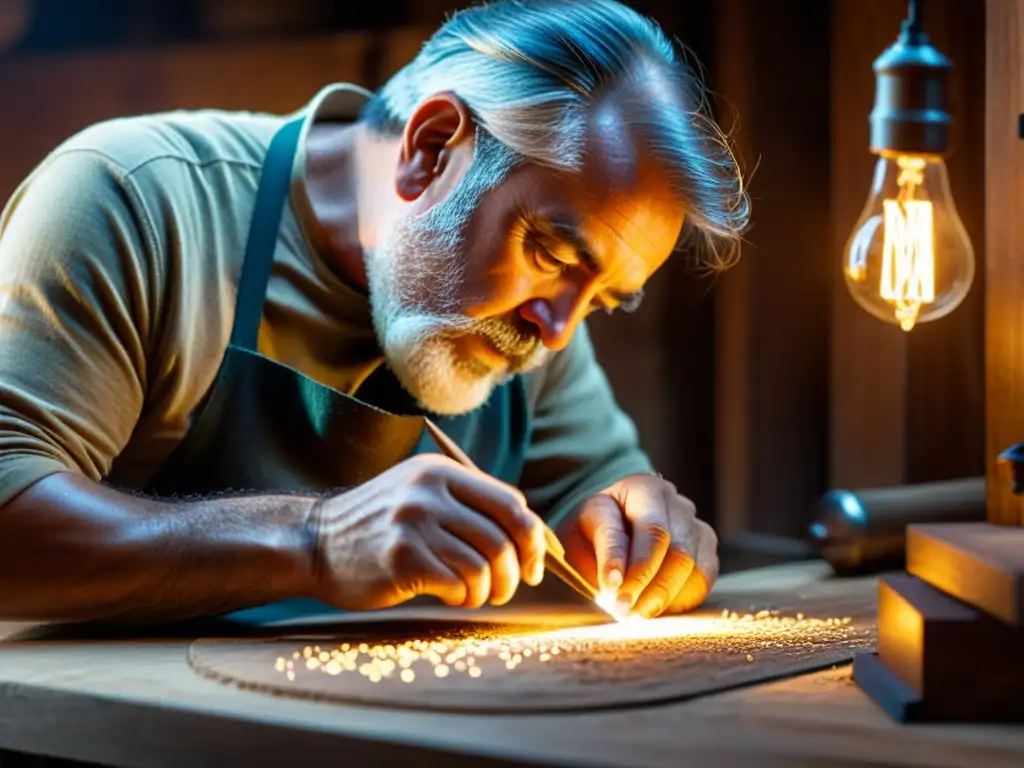 Artesano tallando madera en su taller iluminado por filamentos, innovaciones en instrumentos musicales artesanales