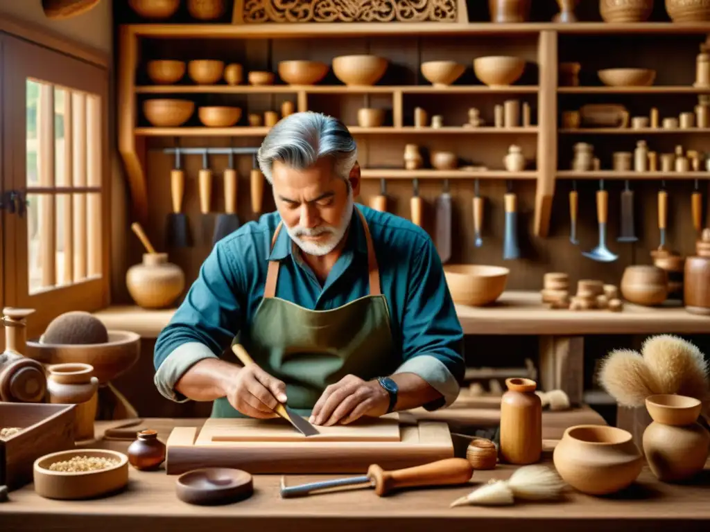 Artesano tallando madera en su taller tradicional con herramientas artesanales, ambiente nostálgico y atmósfera cálida