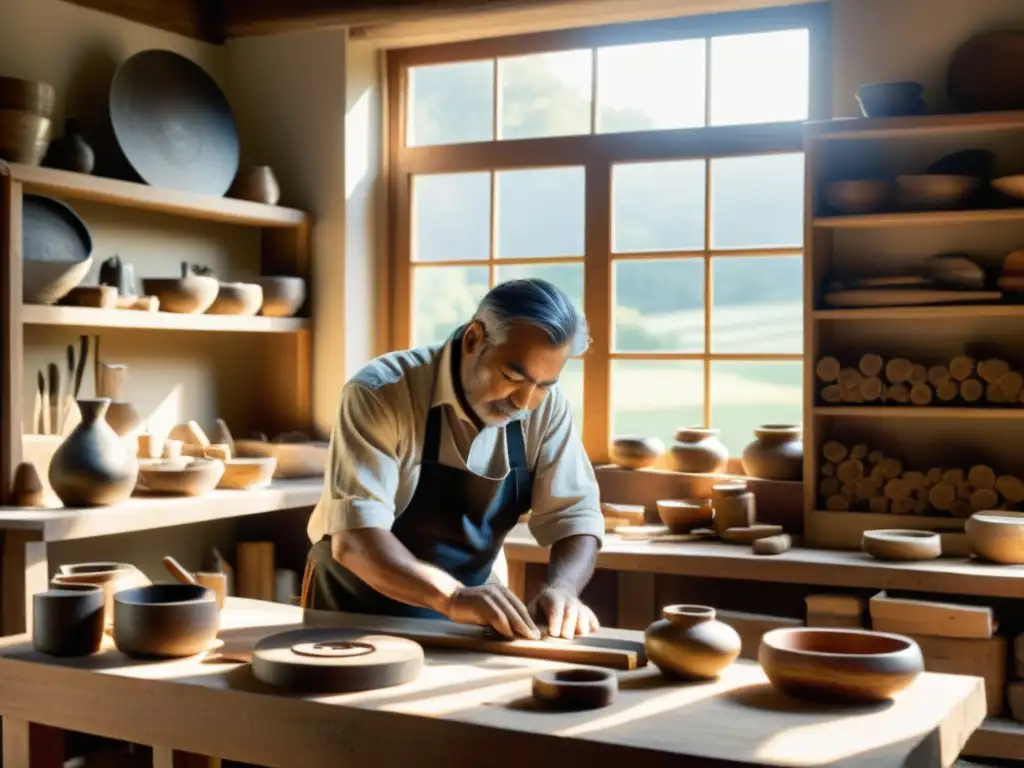 Un artesano tallando madera en un taller tradicional con herramientas y materiales naturales