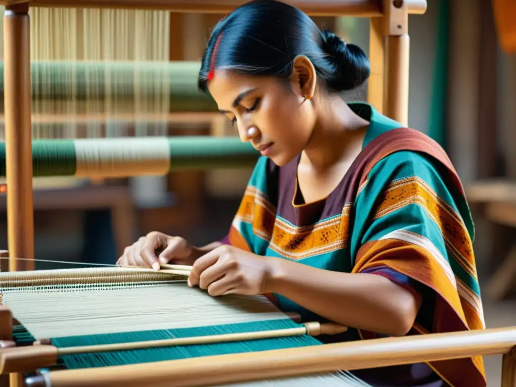 Hábil artesano teje con concentración en telar de madera, creando tejido artesanal en la cultura digital