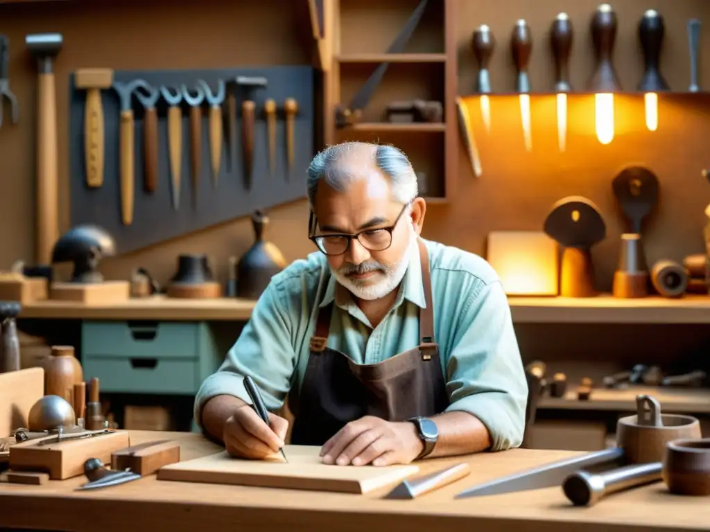 Un artesano maestro crea una obra tradicional en su taller, con herramientas vintage y tecnología digital