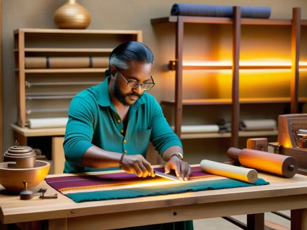 Un artesano maestro teje textiles tradicionales con hilos coloridos en un banco de trabajo vintage, rodeado de herramientas antiguas y husos