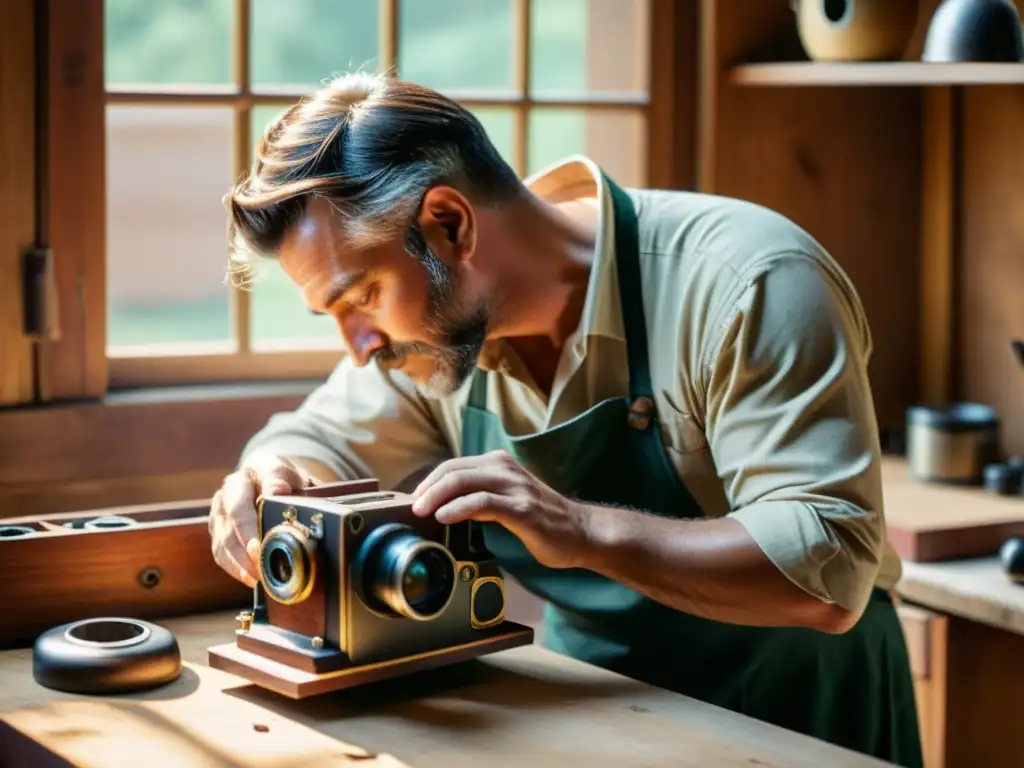 Un artesano ensambla a mano una cámara vintage bajo una cálida luz natural, evocando la fotografía artesanal para marcas digitales