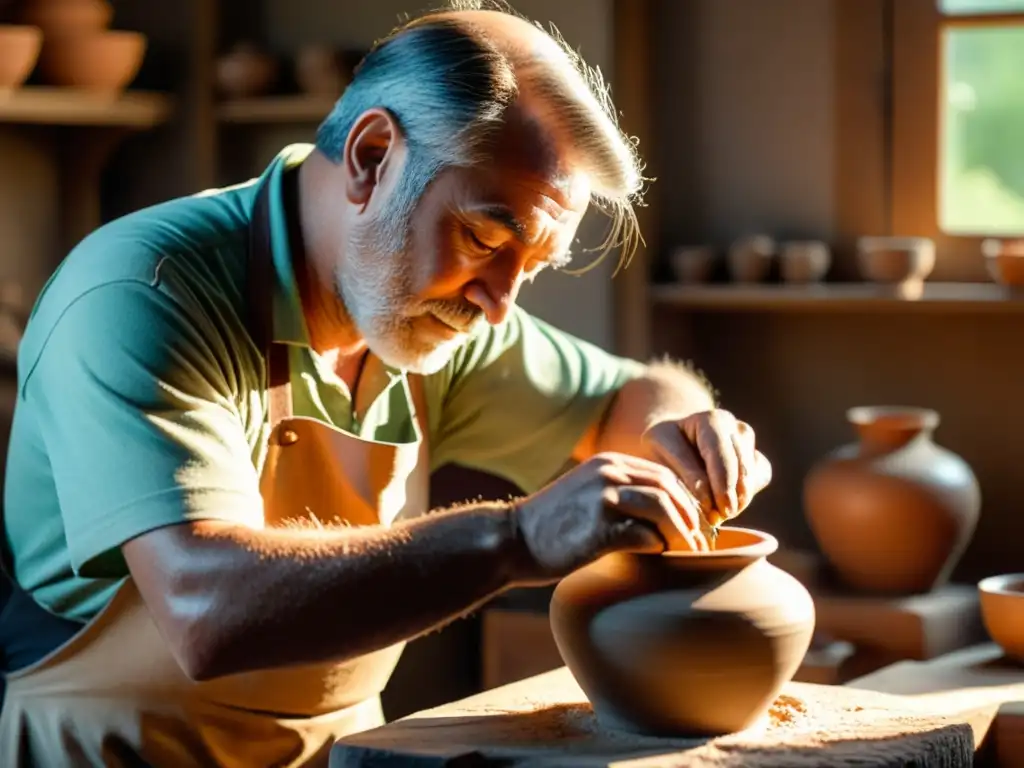 Un artesano crea a mano cerámica en un taller rústico, con luz solar resaltando los detalles y transmitiendo pasión por el diseño artesanal y la sostenibilidad en la era de la tecnología digital