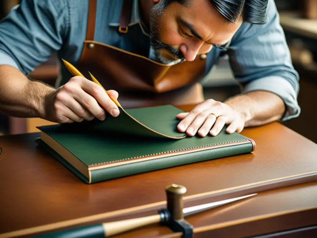 Un artesano encuaderna a mano un libro en su taller, mostrando su habilidad y dedicación a la encuadernación artesanal técnicas mixtas