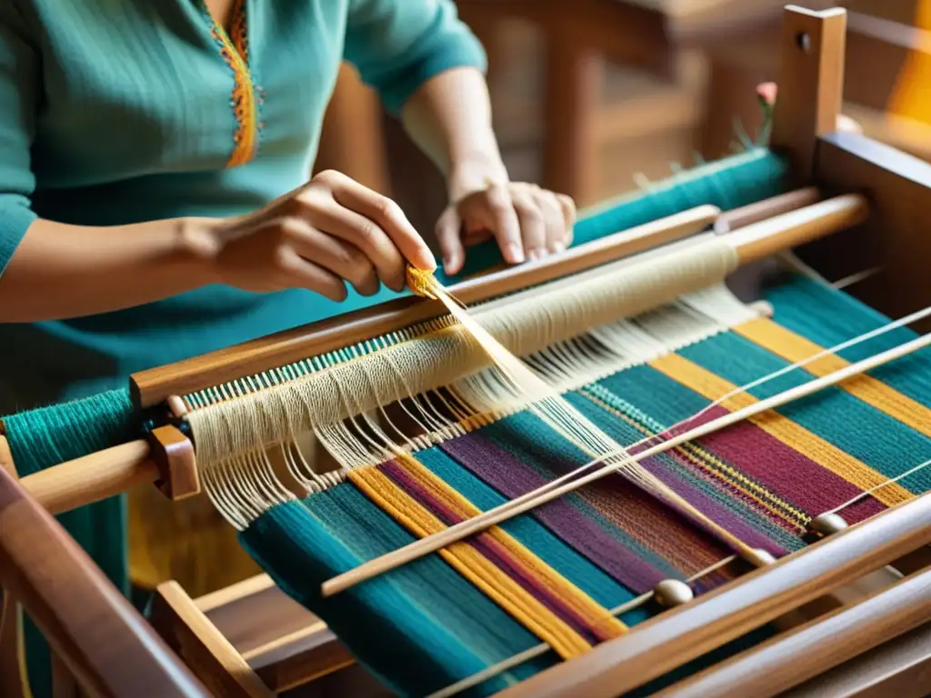 Tejiendo a mano: Artesanía textil en telar vintage Un artesano teje a mano un patrón textil vibrante en un telar de madera vintage