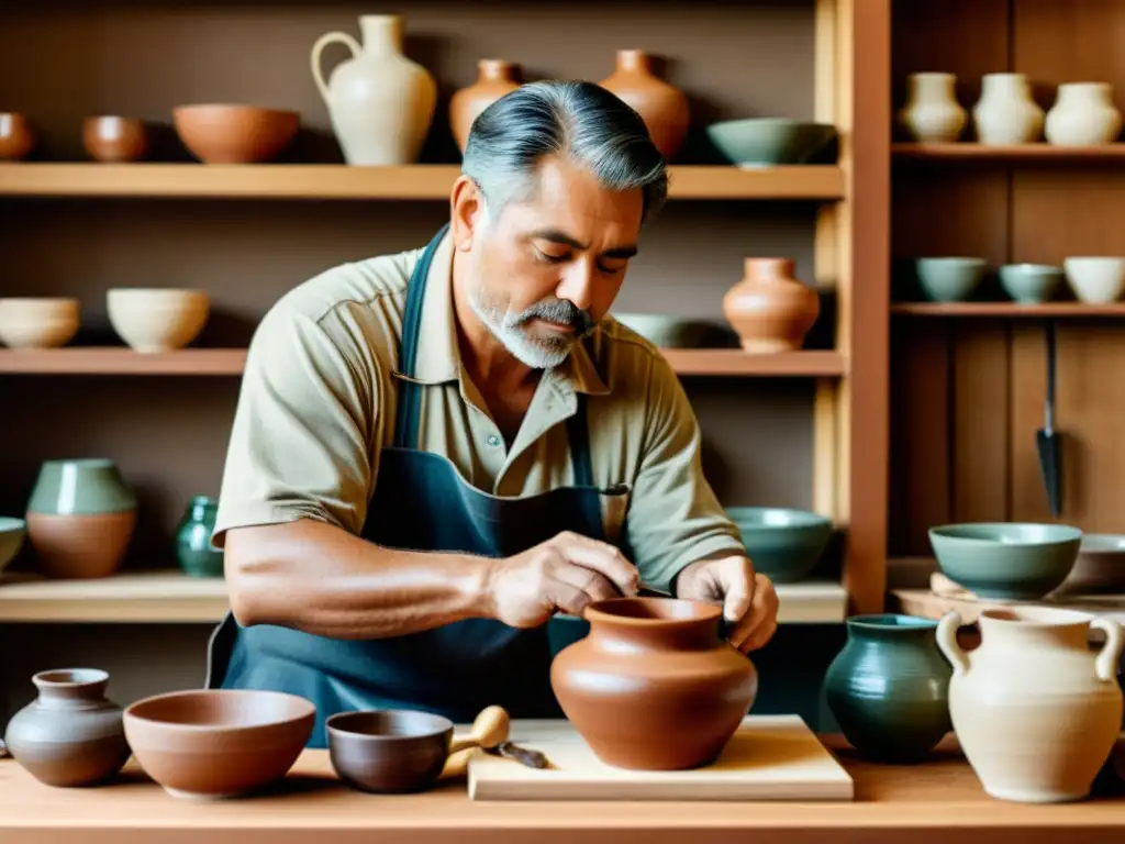 Artesano creando cerámica: tradición y detalle Un artesano crea a mano una pieza de cerámica con atención a los detalles, rodeado de herramientas y materiales