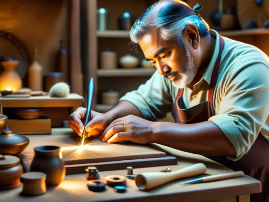 Artesano crea a mano una pieza, rodeado de herramientas, evocando el impacto de Instagram en artesanía con una estética vintage y cálida