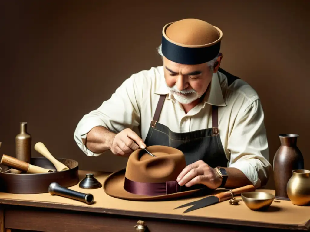 El hábil artesano crea a mano un sombrero rodeado de herramientas antiguas