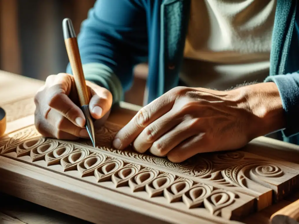 Un artesano con manos curtidas talla diseños en madera sostenible, fusionando tradición y diseño global