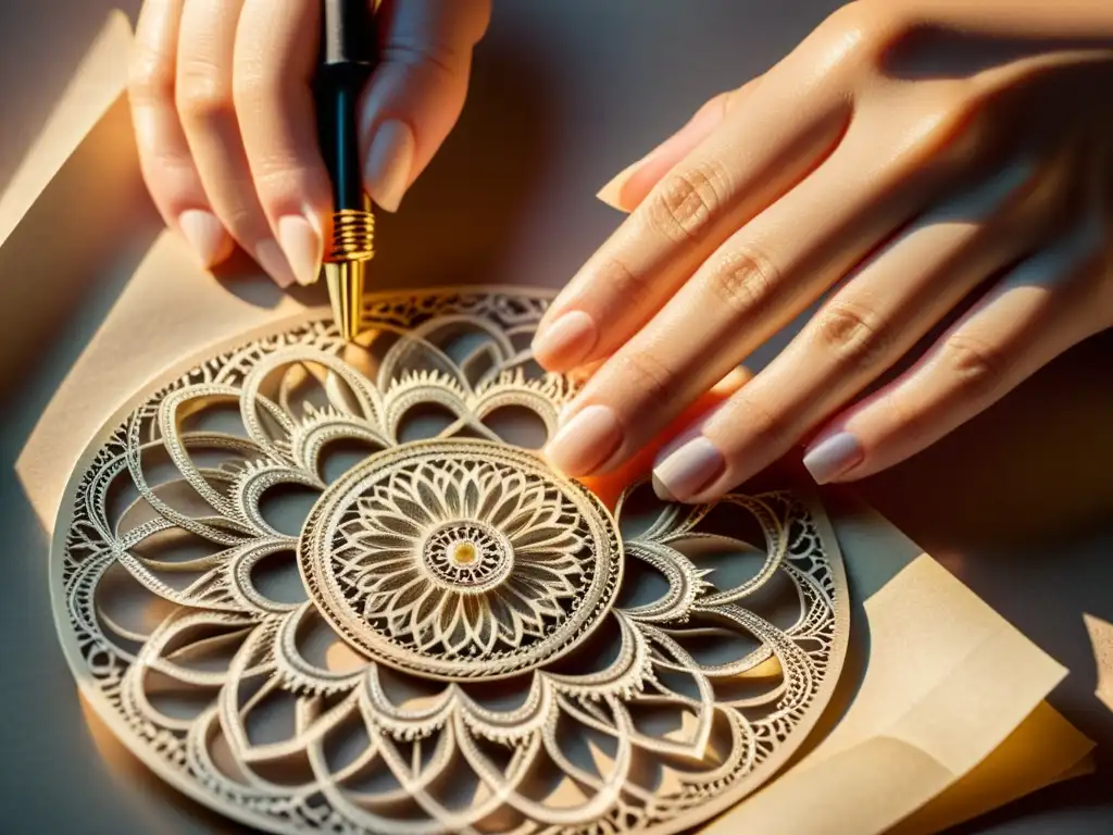 Arte en papel: delicadas manos modelando filigrana vintage Un artesano con las manos hábiles creando filigranas de papel en un ambiente nostálgico de talleres de filigrana de papel