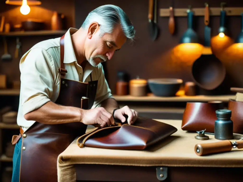 Un artesano de la marroquinería trabaja meticulosamente en una bolsa de cuero en un taller cálido, fusionando tradición y diseño digital