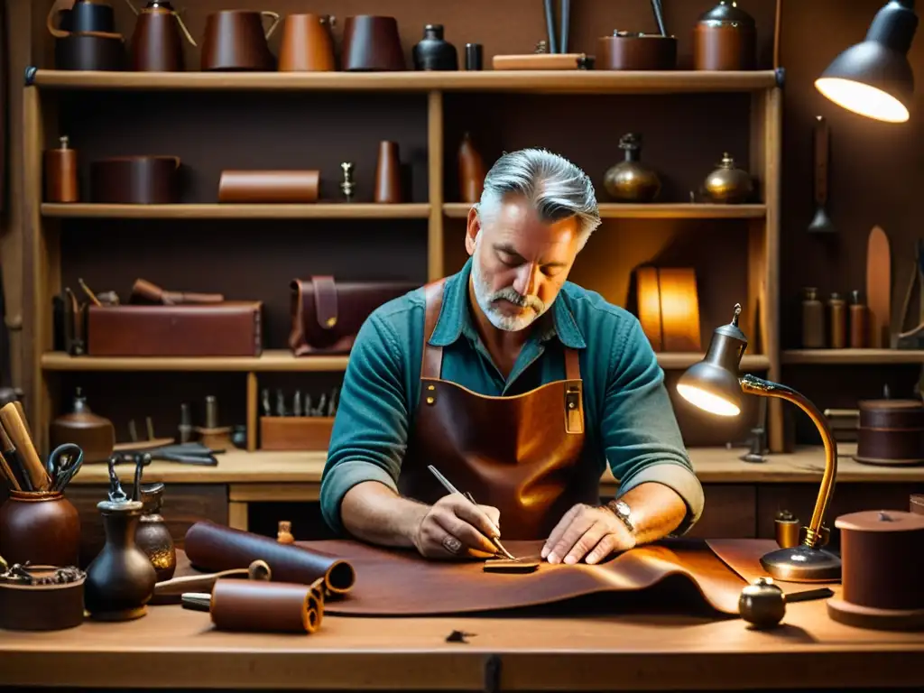 Un artesano de la marroquinería trabaja detalladamente el cuero en su taller, iluminado por una cálida lámpara vintage