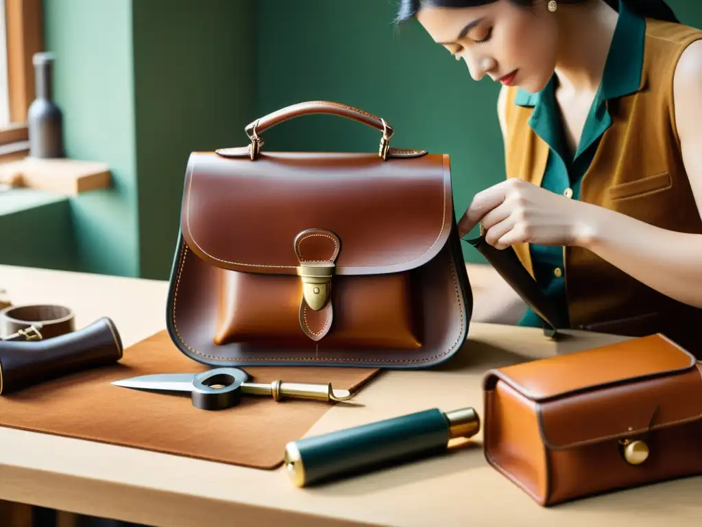 Un artesano marroquinero experto crea a mano un bolso detallado en un taller soleado, rodeado de herramientas y materiales vintage