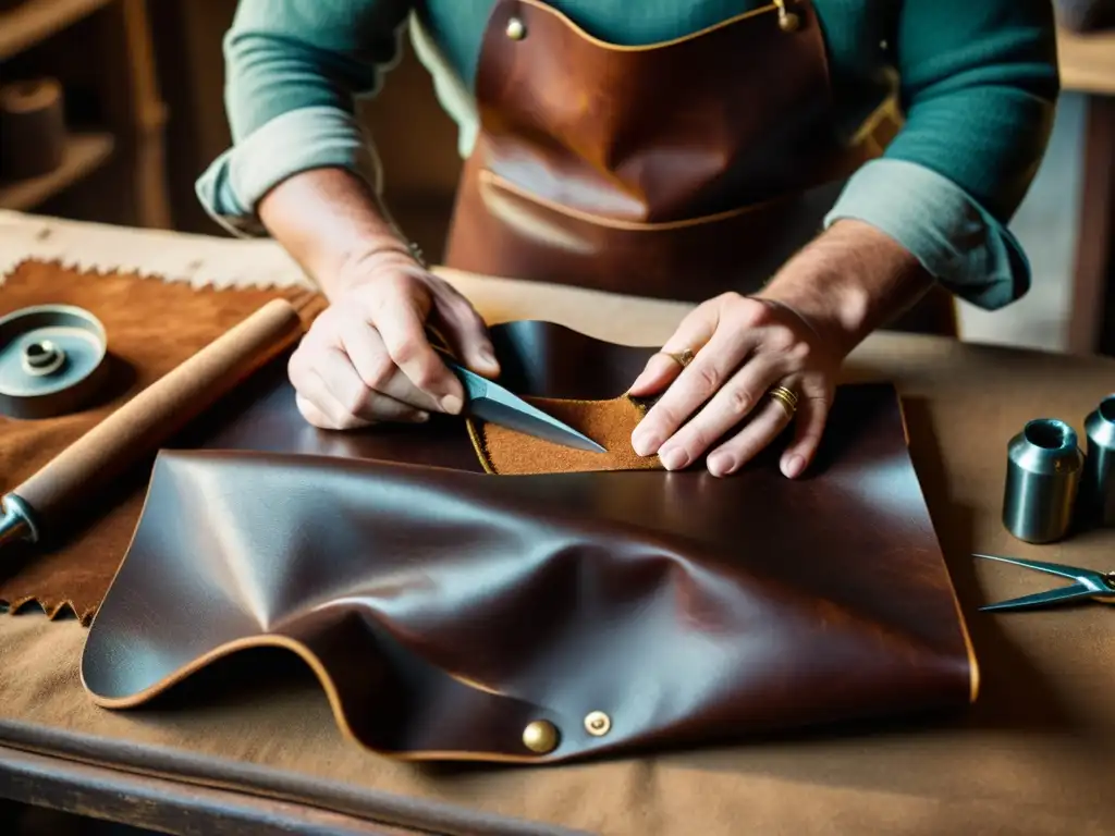 Artesano de cuero creando a mano Un artesano marroquinero crea a mano una bolsa de cuero en un taller rústico, destacando la transformación digital en la marroquinería artesanal