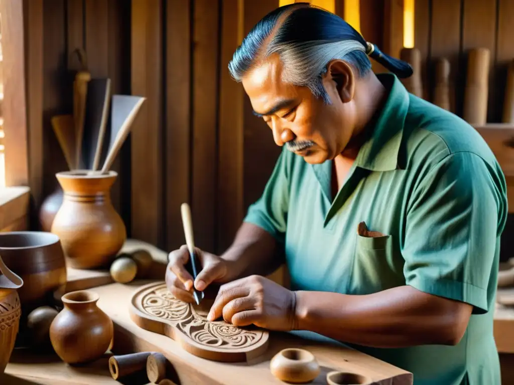 Un artesano tallando una máscara de madera en un taller rústico, destacando la artesanía y la Realidad Aumentada en artesanía tradicional