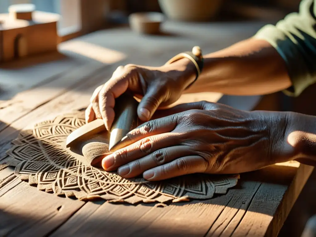 Un artesano moldea materiales biodegradables con destreza, rodeado de herramientas tradicionales en su taller cálido y acogedor