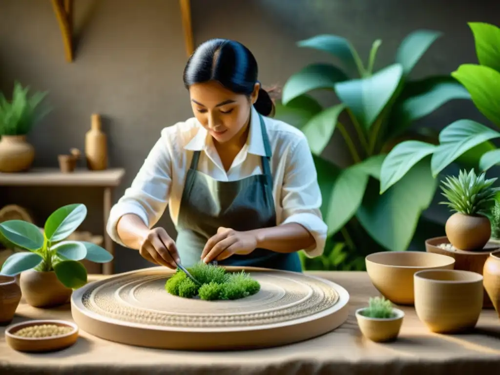 Un artesano hábil utiliza materiales biofabricados para crear una obra de arte sostenible rodeado de elementos naturales