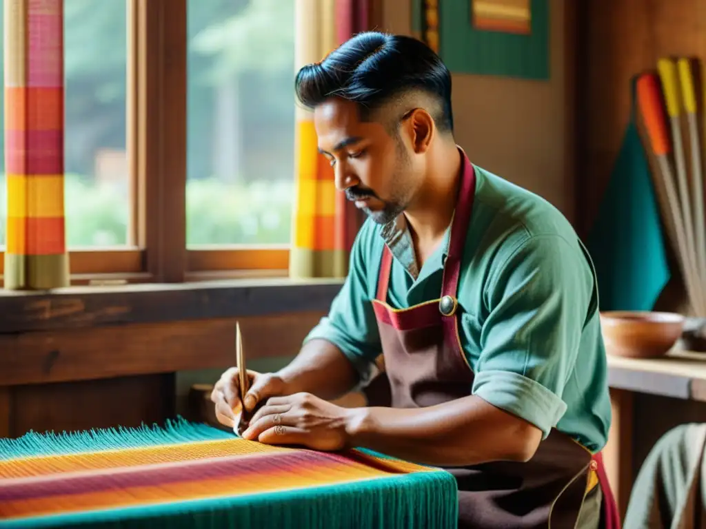 Un artesano teje con materiales inteligentes, fusionando tradición e innovación en la producción artesanal