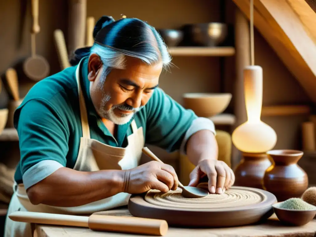 Un artesano trabaja con materiales naturales en un taller rústico