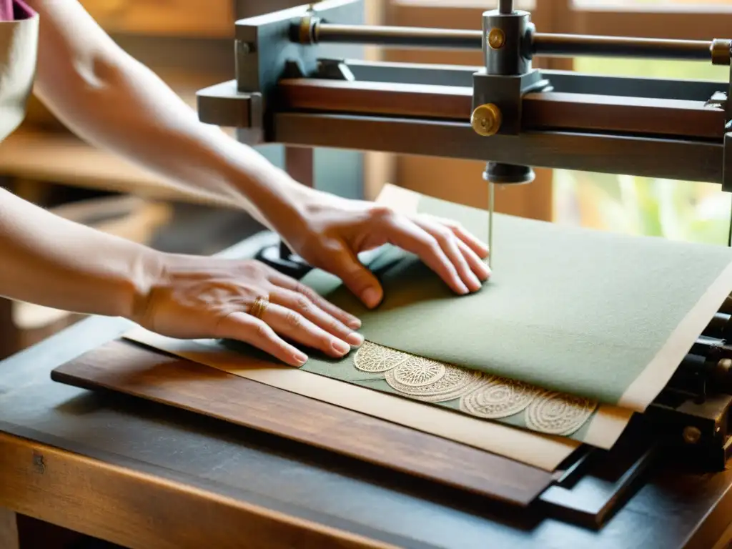 Artesano crea impresiones únicas con papel reciclado Un artesano cuidadosamente dispone materiales reciclados en una antigua prensa de impresión