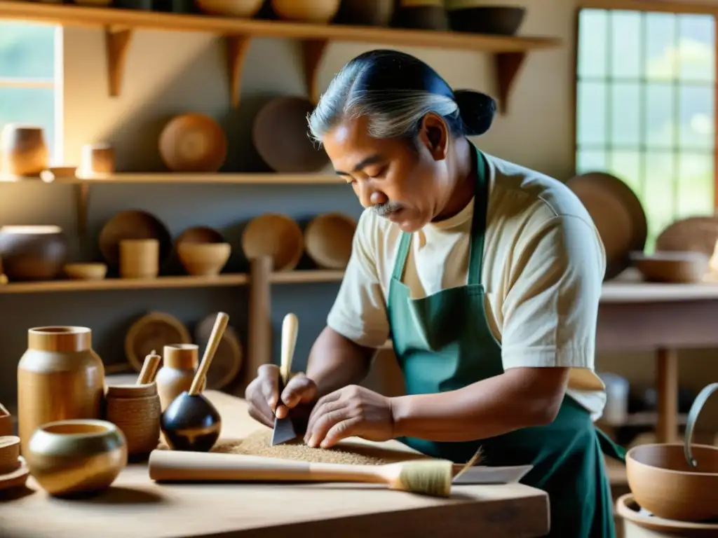 Un artesano trabaja con materiales sostenibles en un taller soleado, rodeado de herramientas y productos hechos a mano, mostrando la fusión de la artesanía tradicional y la sostenibilidad moderna