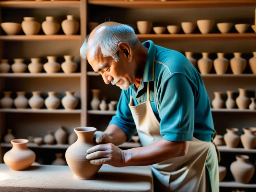 Un artesano mayor moldea con destreza una vasija de cerámica en un taller tenue, evocando la profesionalización artesanía tradicional era digital