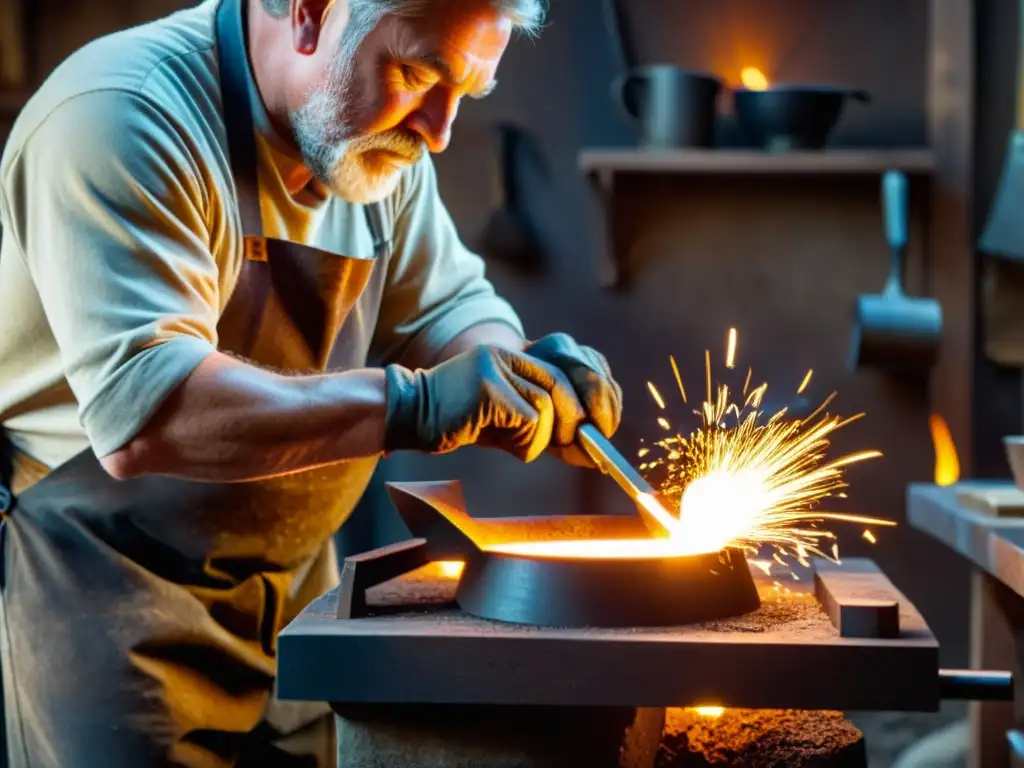 Artesano modelando metal fundido en escultura detallada con herramientas de herrería