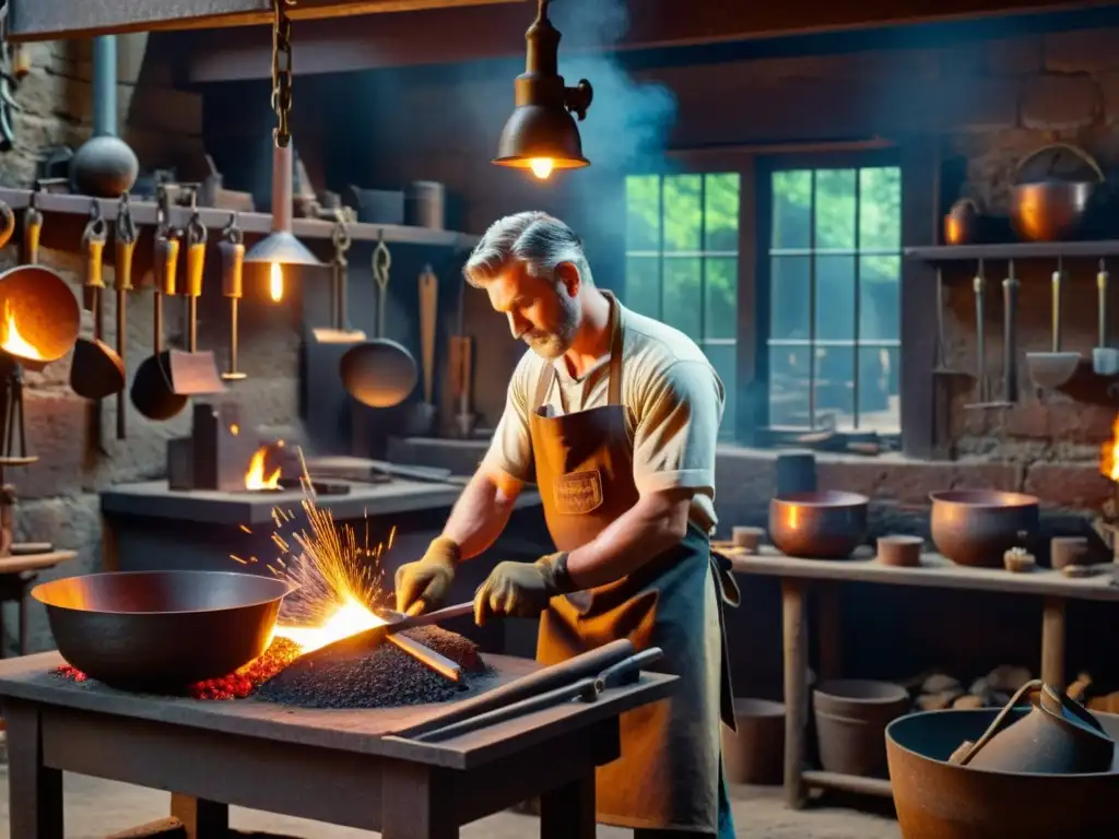 El artesano trabaja el metal en su taller, rodeado de herramientas tradicionales, capturando la esencia de la artesanía tradicional en la era digital