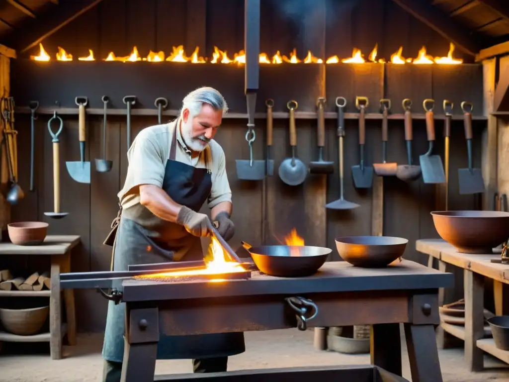 Un artesano hábil trabaja el metal en un taller tradicional con herramientas antiguas