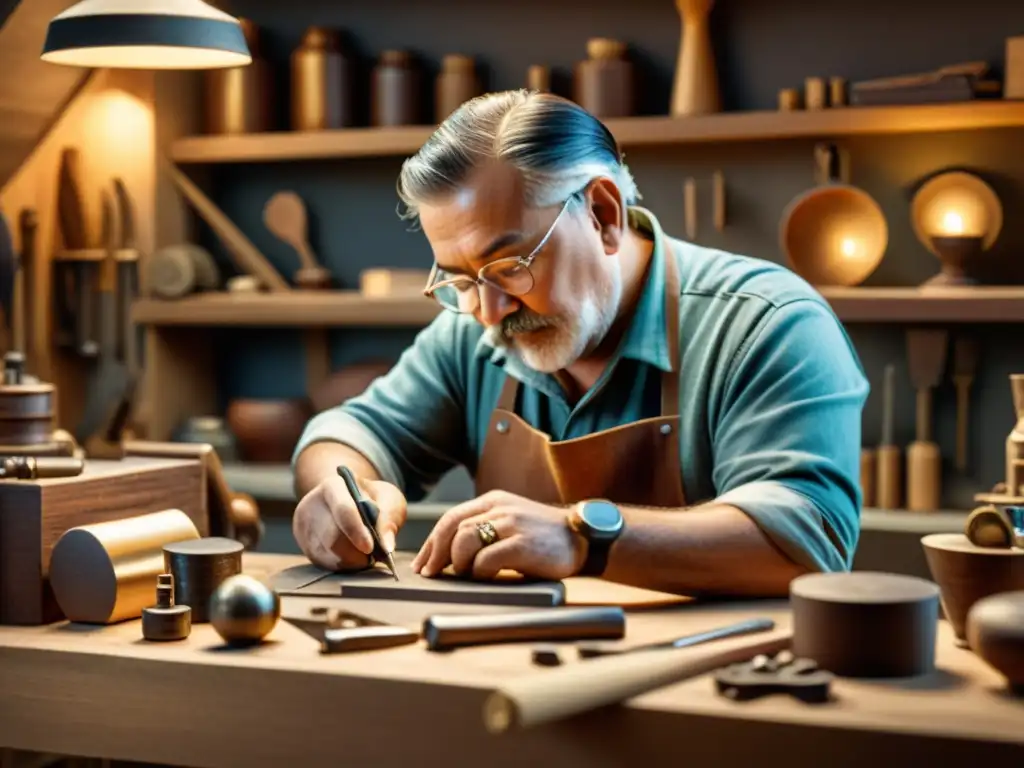 Artesano creando con meticulosidad un modelo 3D de arte tradicional, rodeado de herramientas antiguas y materiales de referencia