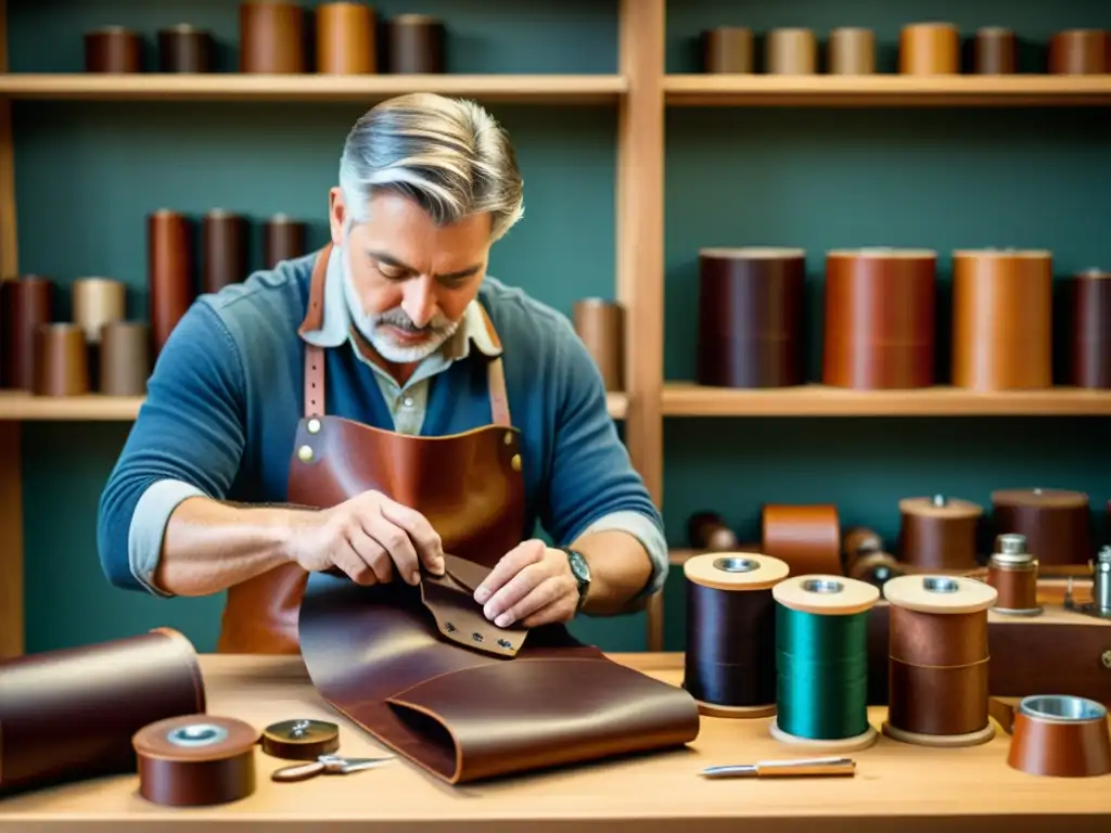 Un artesano meticuloso crea una hermosa bolsa de cuero en un taller cálido y acogedor