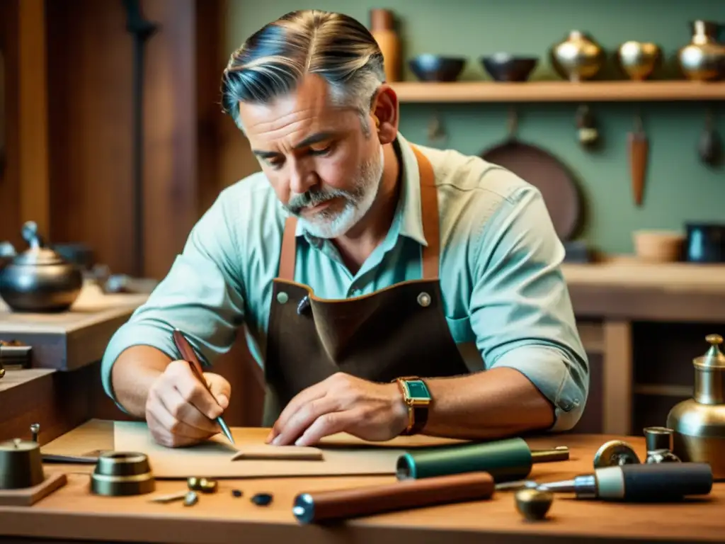 Un artesano meticuloso crea joyería a mano rodeado de herramientas vintage, evocando autenticidad y tradición